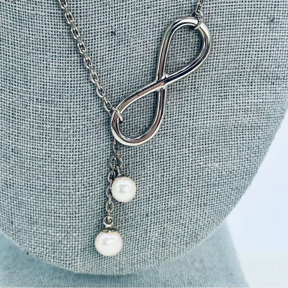 Vantel Pearls Infiniti Necklace Freshwater Pearl Dangle In Silver 18” + Signed - Picture 4 of 9
